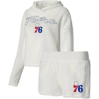 Women's College Concepts Cream Philadelphia 76ers Fluffy Long Sleeve Hoodie T-Shirt & Shorts Sleep Set