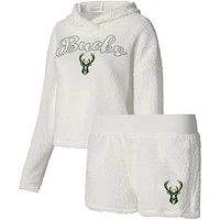 Women's College Concepts Cream Milwaukee Bucks Fluffy Long Sleeve Hoodie T-Shirt & Shorts Sleep Set