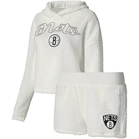 Women's College Concepts Cream Brooklyn Nets Fluffy Long Sleeve Hoodie T-Shirt & Shorts Sleep Set