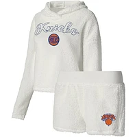 Women's College Concepts Cream New York Knicks Fluffy Long Sleeve Hoodie T-Shirt & Shorts Sleep Set