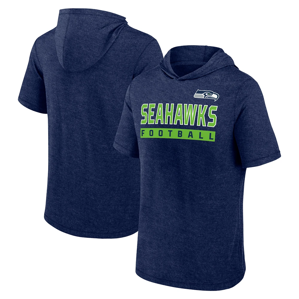 Men's Fanatics Heather College Navy Seattle Seahawks Push Short Sleeve Pullover Hoodie