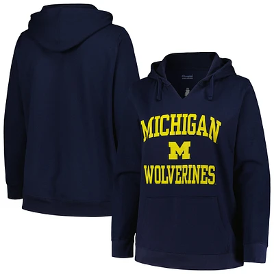 Women's Champion Navy Michigan Wolverines Plus Size Heart & Soul Notch Neck Pullover