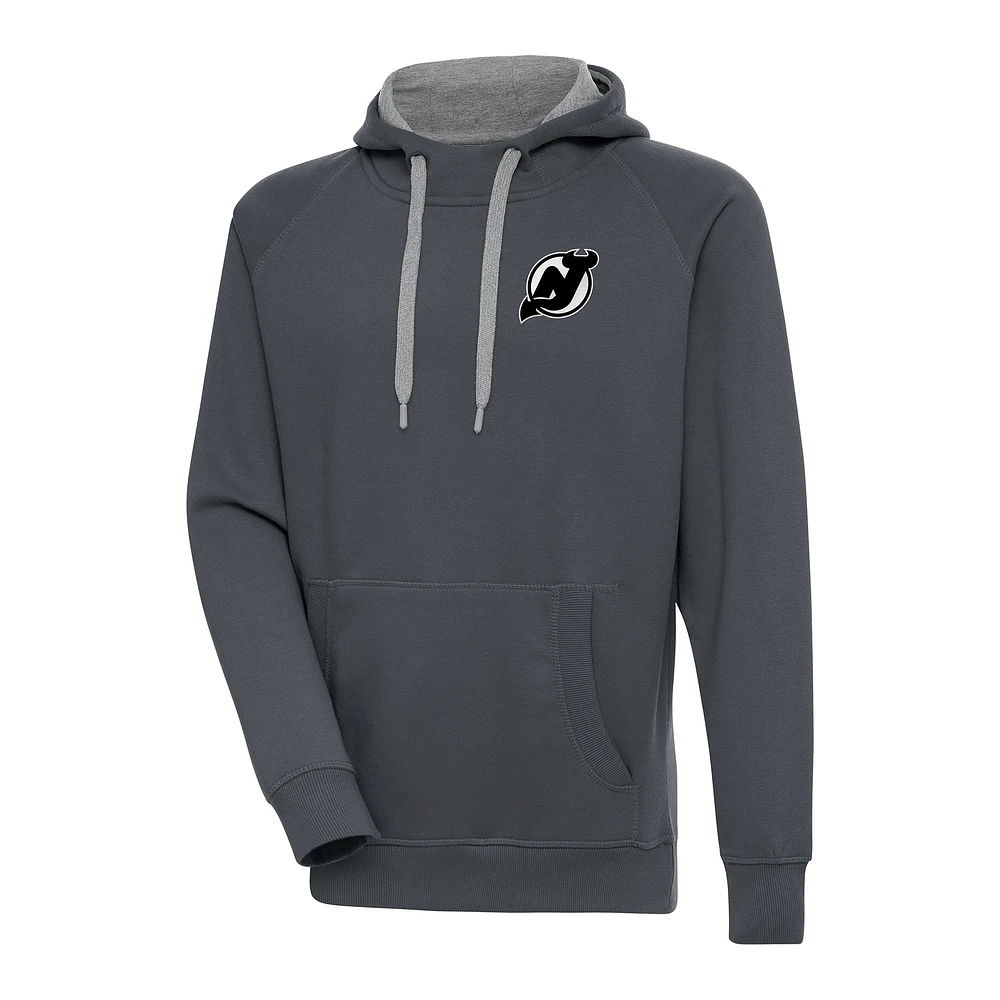 Men's Antigua Charcoal New Jersey Devils Metallic Logo Victory Pullover Hoodie