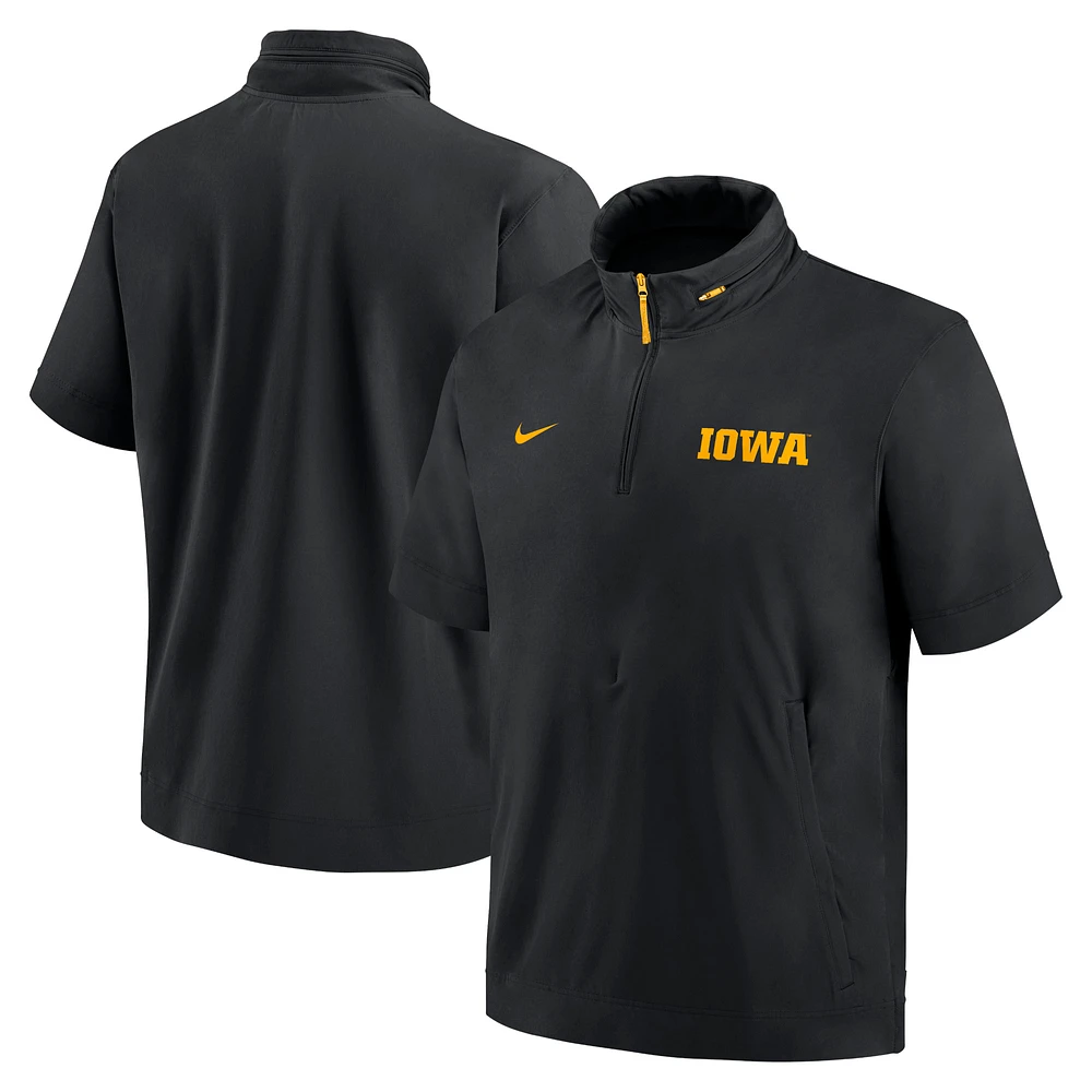 Men's Nike Black Iowa Hawkeyes 2024 Sideline Coach Short Sleeve Half-Zip Hoodie Jacket