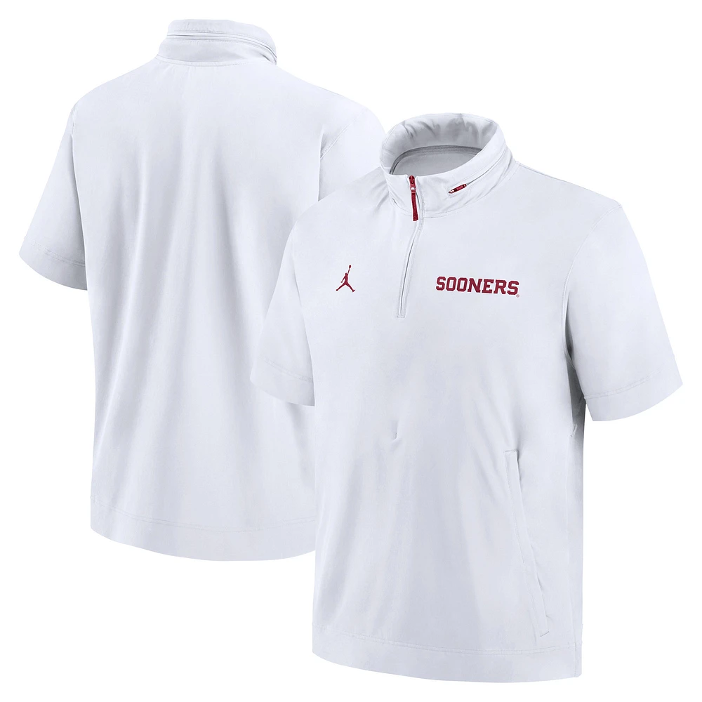 Men's Jordan Brand White Oklahoma Sooners 2024 Sideline Coach Short Sleeve Half-Zip Hoodie Jacket