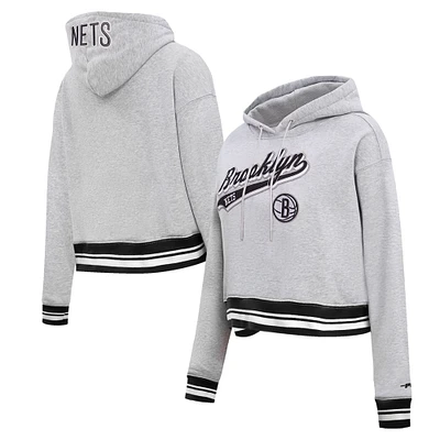 Women's Pro Standard Heather Gray Brooklyn Nets Script Tail Cropped Pullover Hoodie