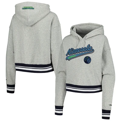 Women's Pro Standard Heather Gray Minnesota Timberwolves Script Tail Cropped Pullover Hoodie