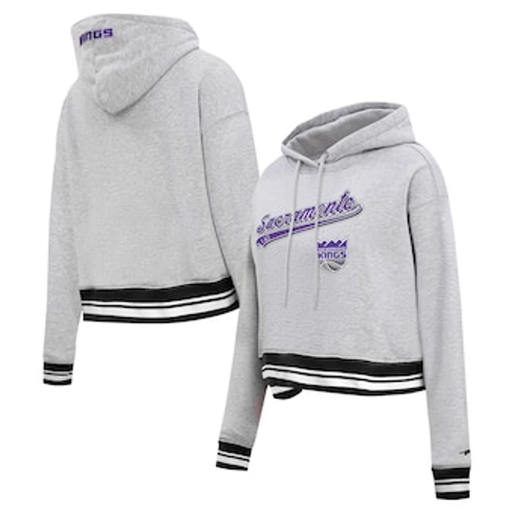 Women's Pro Standard Heather Gray Sacramento Kings Script Tail Cropped Pullover Hoodie