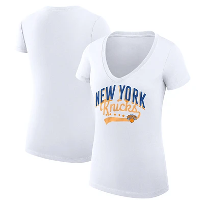 Women's G-III 4Her by Carl Banks White New York Knicks Filigree Logo V-Neck Fitted T-Shirt