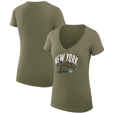 Women's G-III 4Her by Carl Banks Olive New York Jets Filigree Logo Lightweight V-Neck Fitted T-Shirt