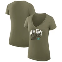 Women's G-III 4Her by Carl Banks Olive New York Jets Filigree Logo Lightweight V-Neck Fitted T-Shirt
