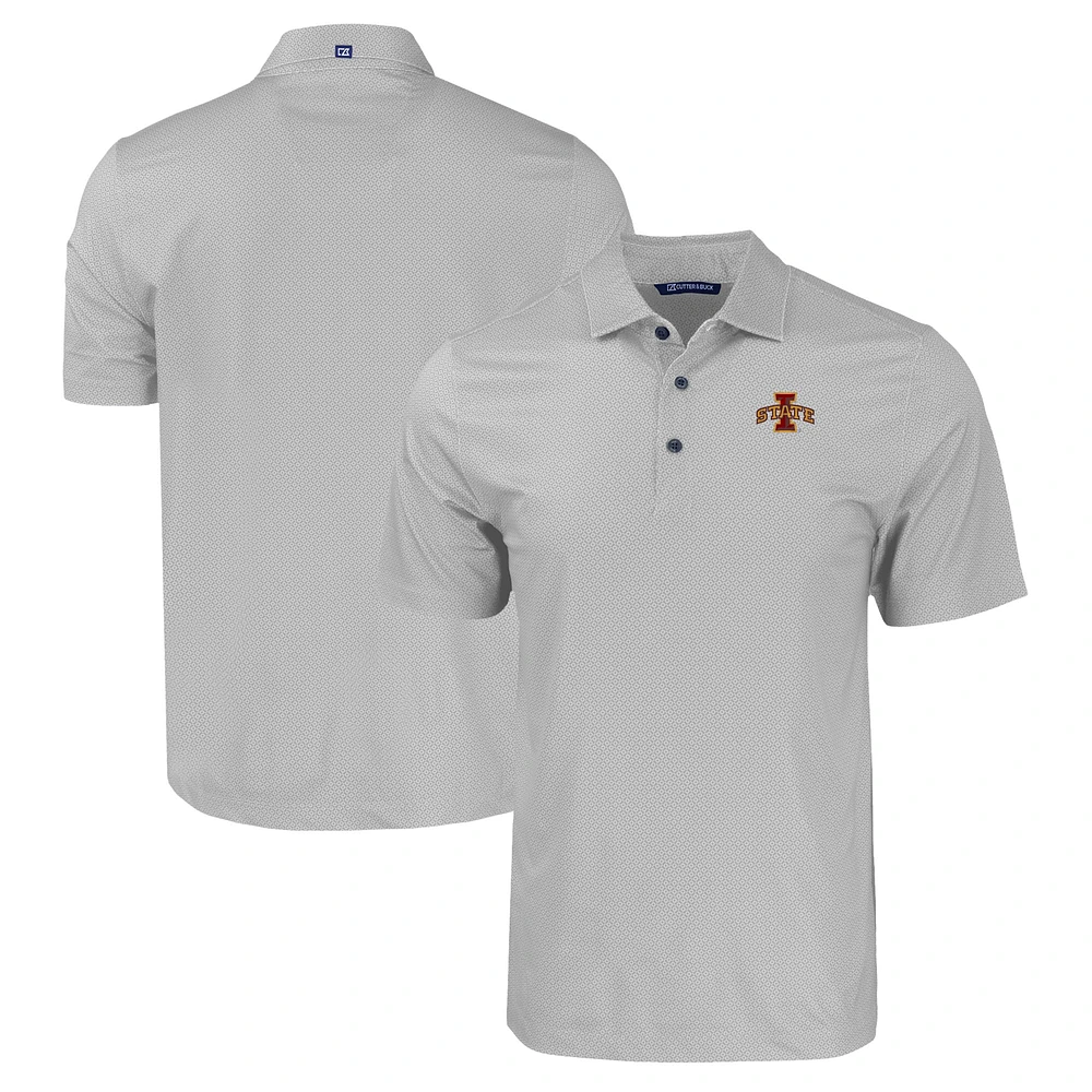 Men's Cutter & Buck Gray Iowa State Cyclones Pike Eco Tonal Geo Print Stretch Recycled Polo