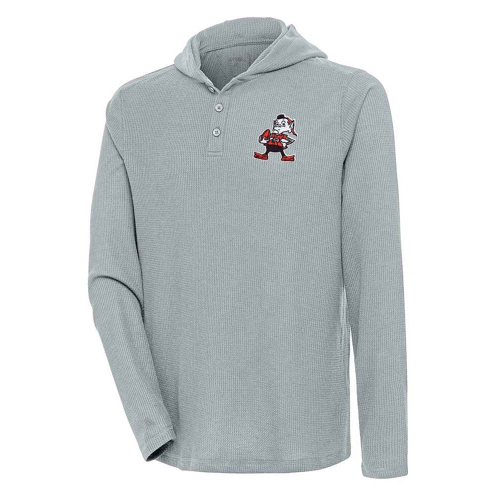 Men's Antigua  Gray Cleveland Browns Strong Hold Long Sleeve Henley Hoodie T-Shirt