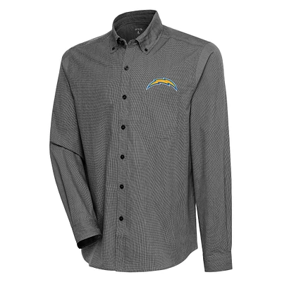 Men's Antigua  Black/White Los Angeles Chargers Compression Tri-Blend Long Sleeve Button-Down Shirt