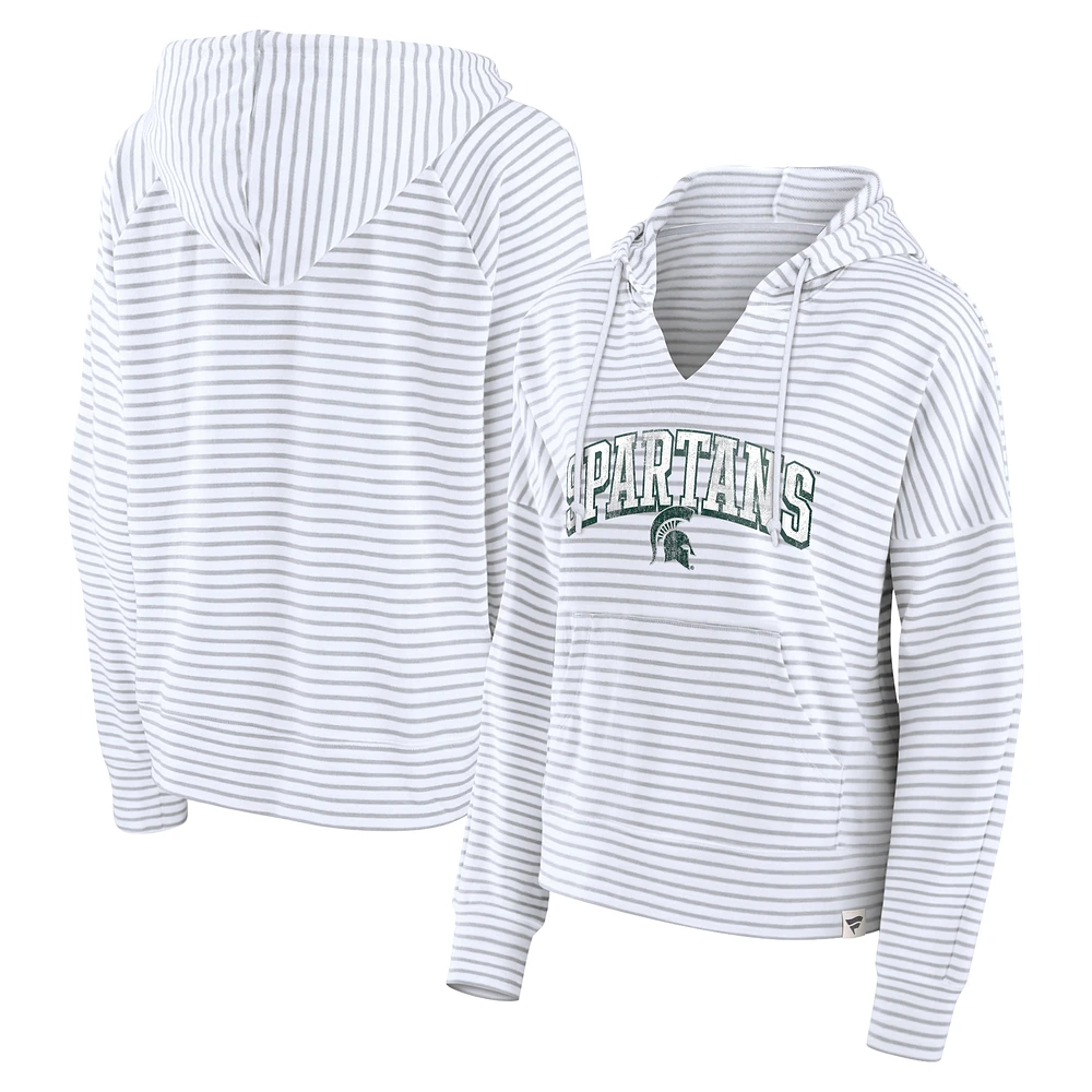 Women's Fanatics White/Gray Michigan State Spartans Arch Logo Striped Notch Neck Pullover Hoodie