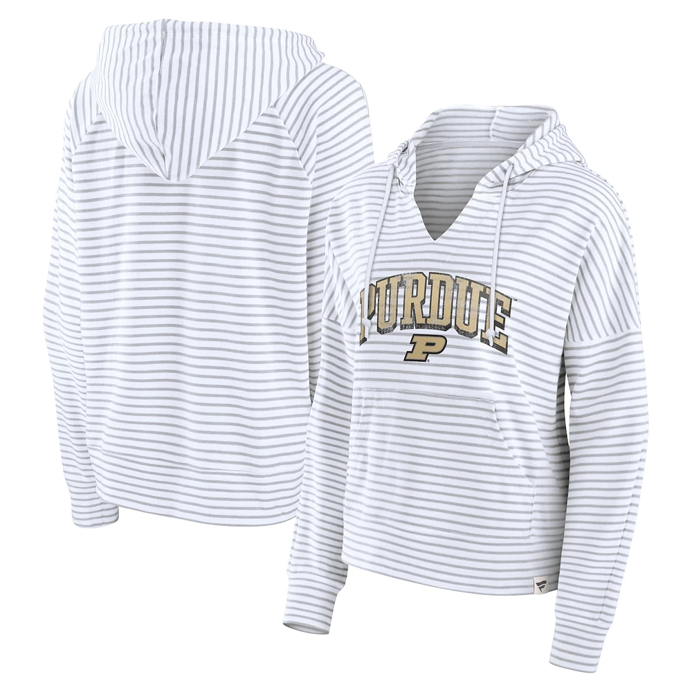 Women's Fanatics White/Gray Purdue Boilermakers Arch Logo Striped Notch Neck Pullover Hoodie