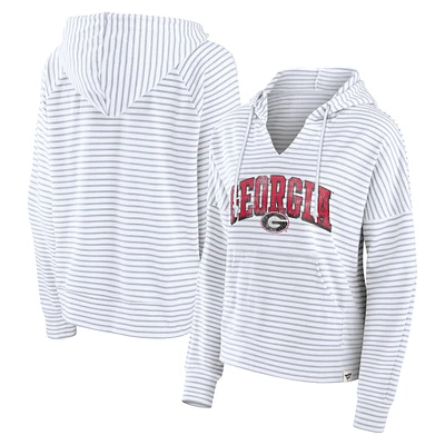 Women's Fanatics White/Gray Georgia Bulldogs Arch Logo Striped Notch Neck Pullover Hoodie