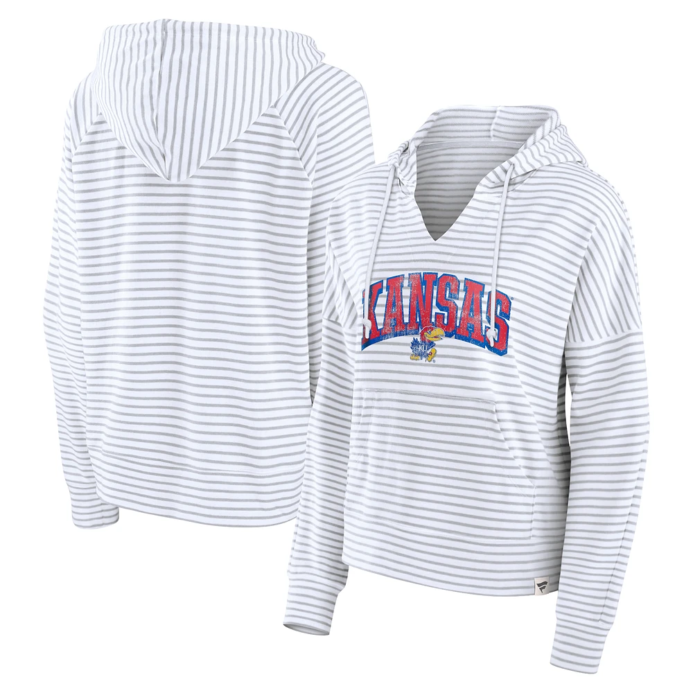 Women's Fanatics White/Gray Kansas Jayhawks Arch Logo Striped Notch Neck Pullover Hoodie