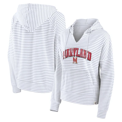 Women's Fanatics White/Gray Maryland Terrapins Arch Logo Striped Notch Neck Pullover Hoodie