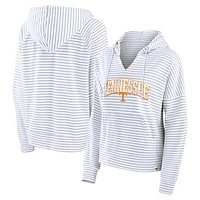 Women's Fanatics White/Gray Tennessee Volunteers Arch Logo Striped Notch Neck Pullover Hoodie