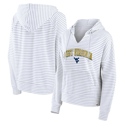 Women's Fanatics White/Gray West Virginia Mountaineers Arch Logo Striped Notch Neck Pullover Hoodie