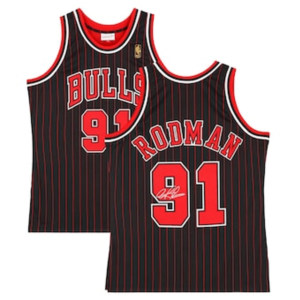 Dennis Rodman Chicago Bulls Autographed Black Pinstripe Mitchell & Ness 1996-97 Authentic Jersey