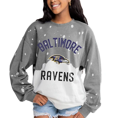 Women's Gameday Couture  Gray Baltimore Ravens Oversized Coin Toss Faded French Terry Tri-Blend Pullover Sweatshirt