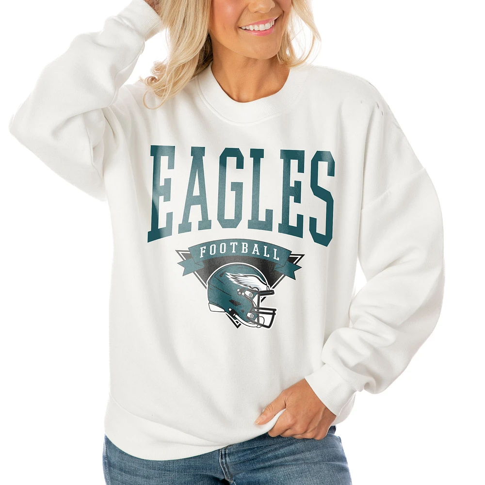 Women's Gameday Couture White Philadelphia Eagles Oversized Yard Line Tri-Blend Pullover Sweatshirt