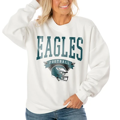 Women's Gameday Couture White Philadelphia Eagles Oversized Yard Line Tri-Blend Pullover Sweatshirt