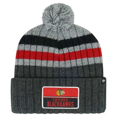 Men's '47 Gray Chicago Blackhawks Stack Patch Cuffed Knit Hat with Pom