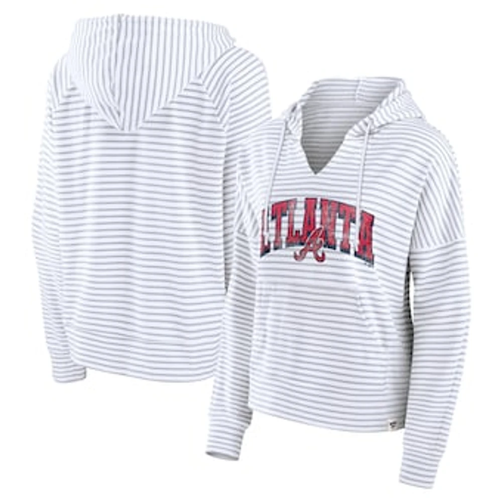 Women's Fanatics White Atlanta Braves Striped Fundamentals Notch Neck Pullover Hoodie