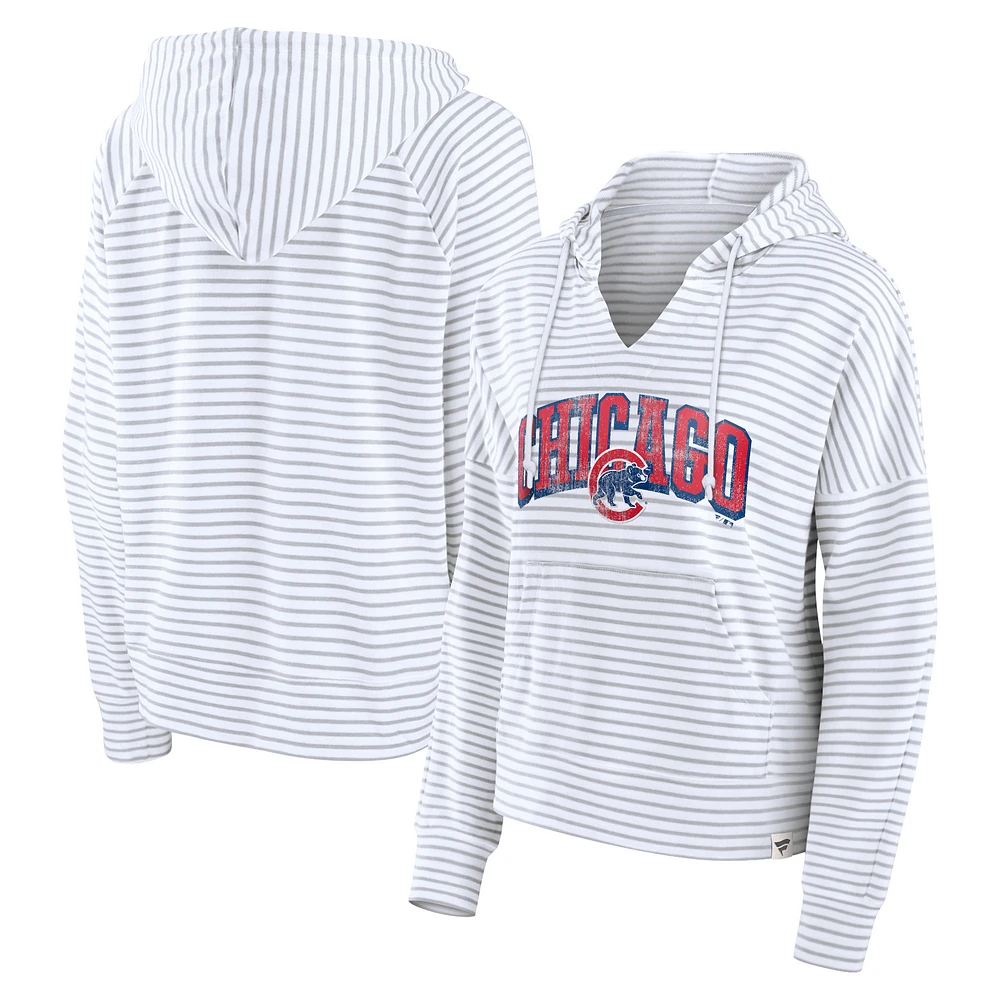 Women's Fanatics White Chicago Cubs Striped Fundamentals Notch Neck Pullover Hoodie