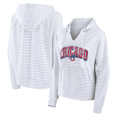 Women's Fanatics White Chicago Cubs Striped Fundamentals Notch Neck Pullover Hoodie