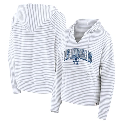 Women's Fanatics White Los Angeles Dodgers Striped Fundamentals Notch Neck Pullover Hoodie