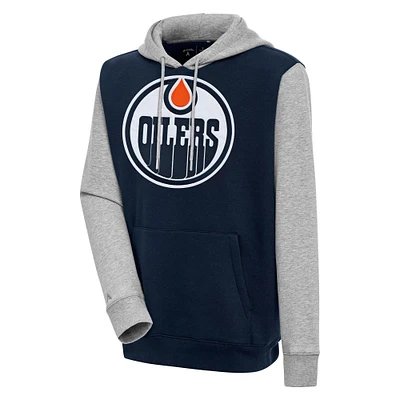 Men's Antigua  Navy/Heather Gray Edmonton Oilers Victory Colorblock Pullover Hoodie