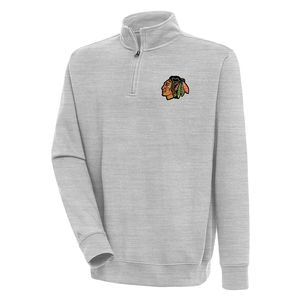 Men's Antigua Heather Gray Chicago Blackhawks Victory Quarter-Zip Pullover Top