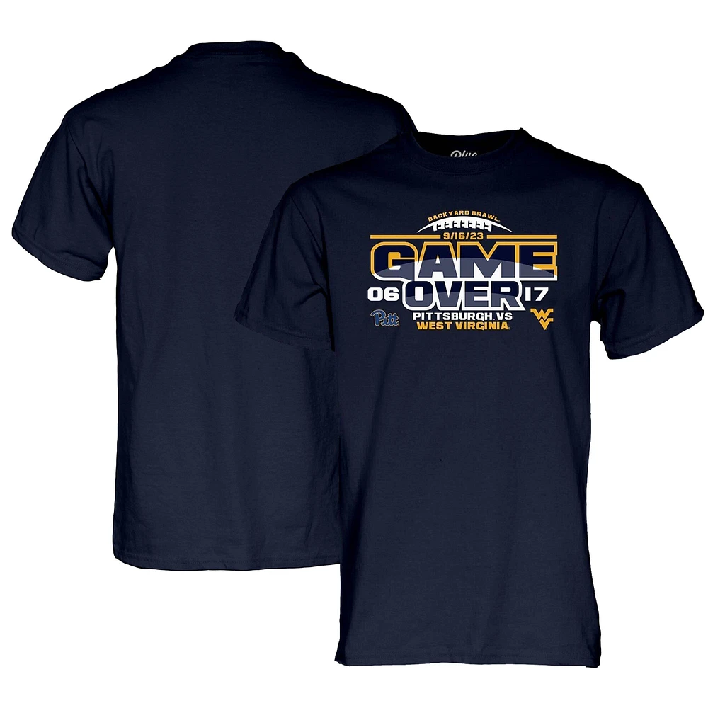 Men's Blue 84 Navy West Virginia Mountaineers vs. Pitt Panthers 2023 Backyard Brawl Football Score T-Shirt