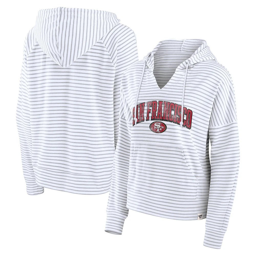 Women's Fanatics White/Gray San Francisco 49ers Striped Notch Neck Pullover Hoodie