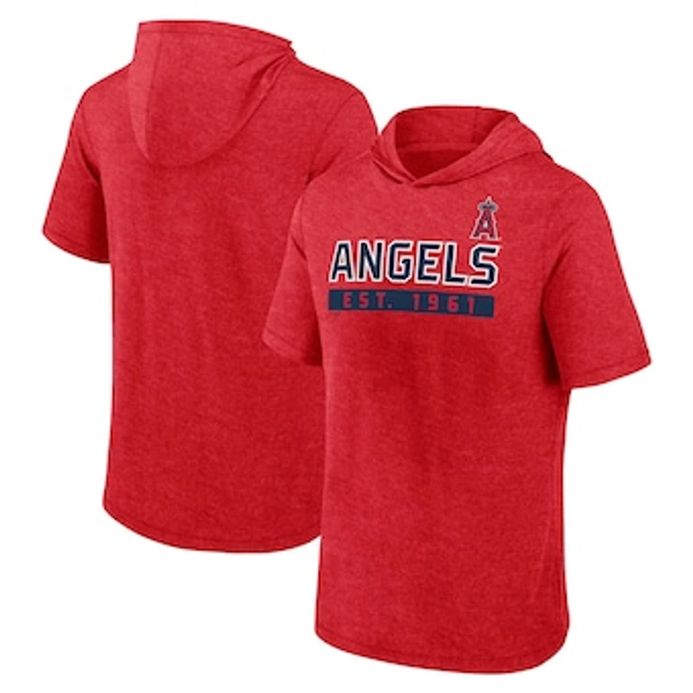 Men's Fanatics Heather Red Los Angeles Angels Push Short Sleeve Pullover Hoodie