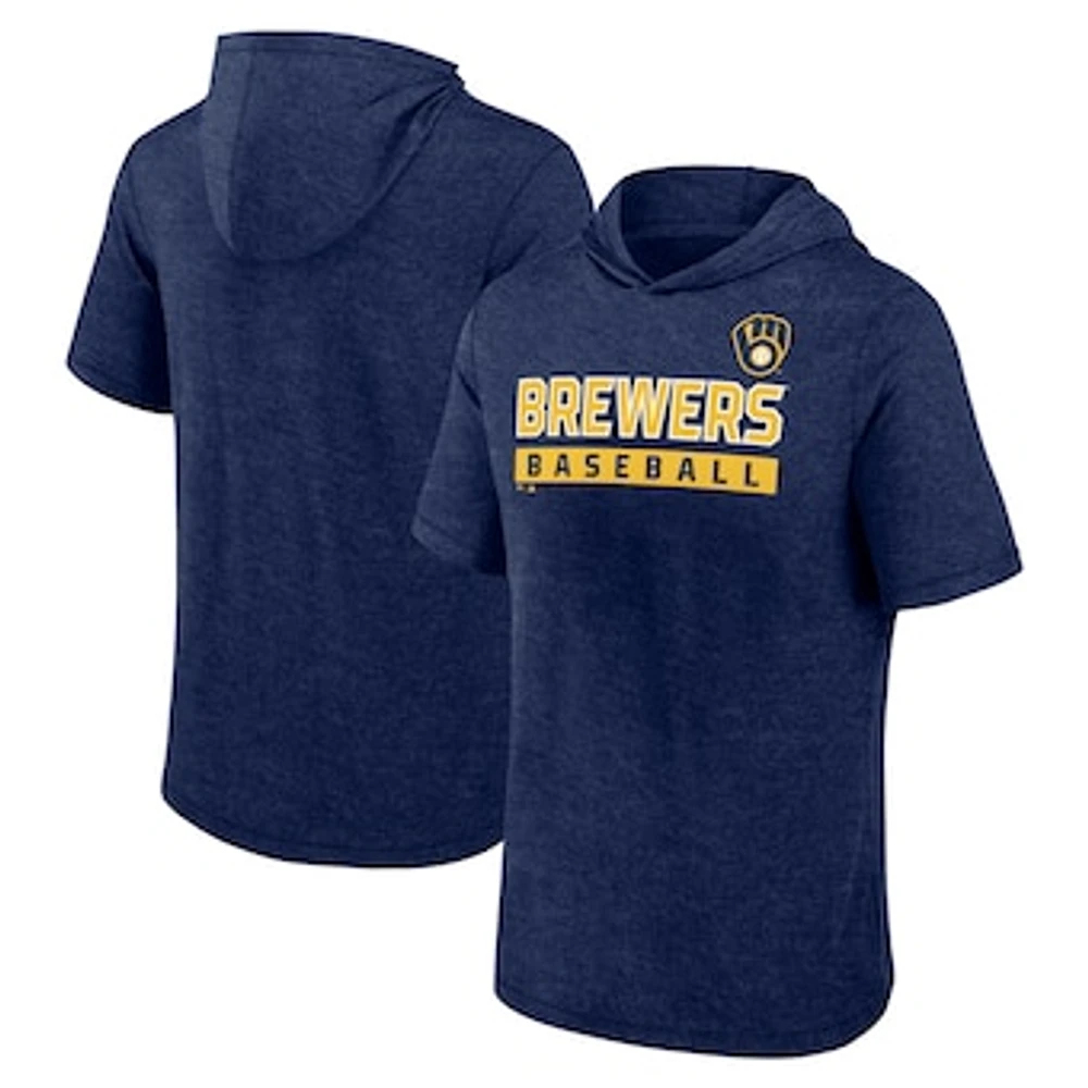 Men's Fanatics Heather Navy Milwaukee Brewers Push Short Sleeve Pullover Hoodie