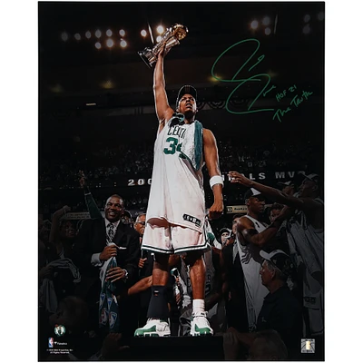 Paul Pierce Boston Celtics Autographed Holding NBA Finals MVP Trophy Photograph with Inscriptions