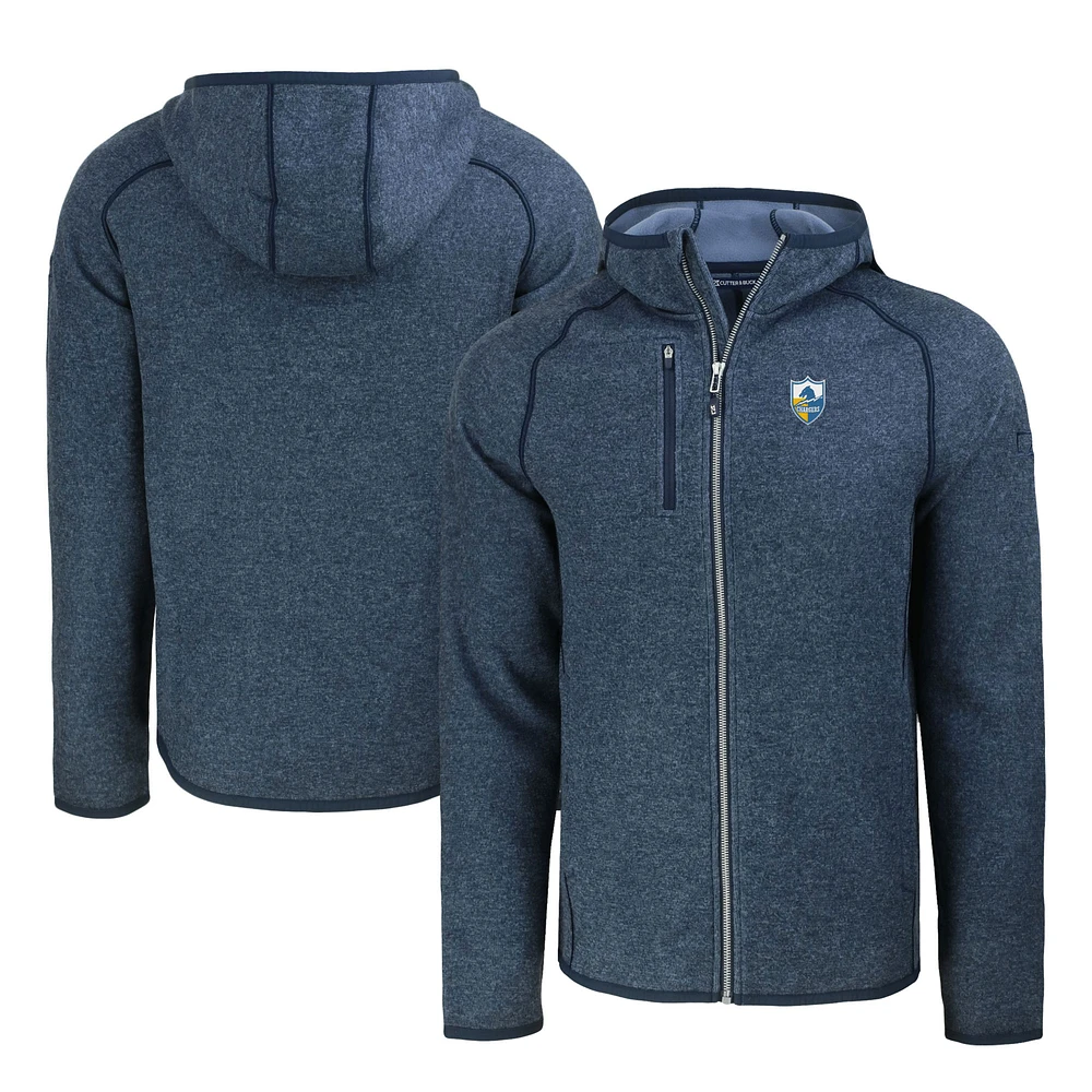 Men's Cutter & Buck Heather Navy Los Angeles Chargers Throwback Mainsail Sweater-Knit Full-Zip Hoodie