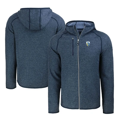 Men's Cutter & Buck  Heather Navy Los Angeles Chargers Throwback Mainsail Sweater-Knit Full-Zip Hoodie