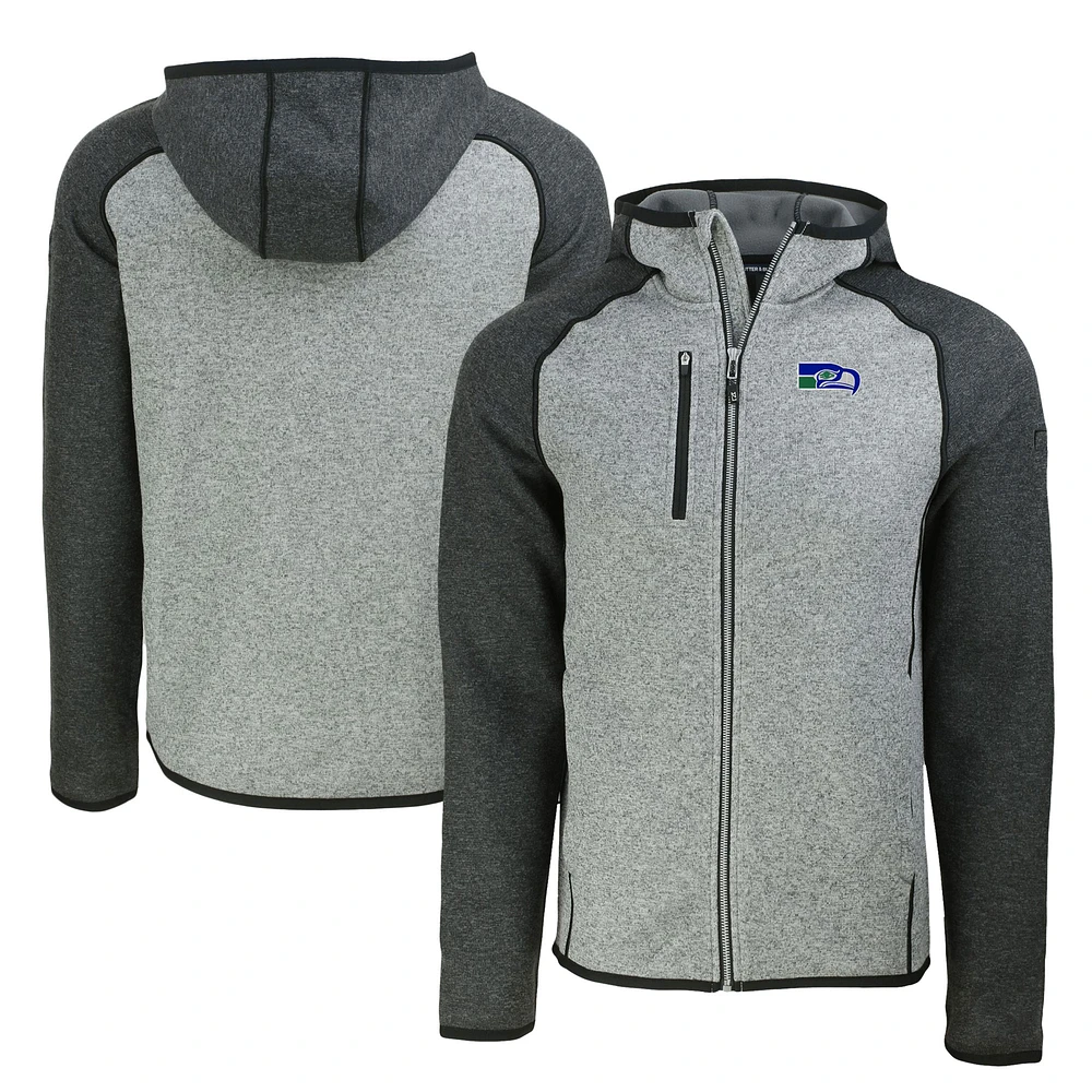 Men's Cutter & Buck Heather Charcoal Seattle Seahawks Throwback Mainsail Sweater-Knit Full-Zip Hoodie