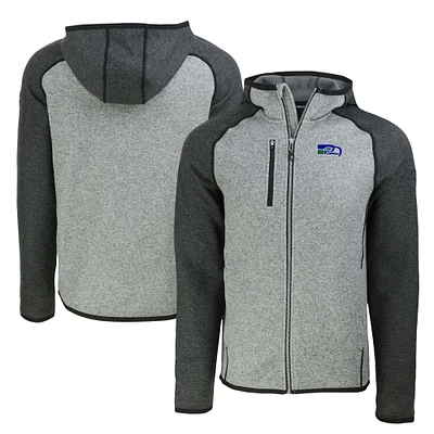 Men's Cutter & Buck Heather Charcoal Seattle Seahawks Throwback Mainsail Sweater-Knit Full-Zip Hoodie