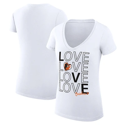 Women's G-III 4Her by Carl Banks White Baltimore Orioles Love Graphic Team V-Neck Fitted T-Shirt