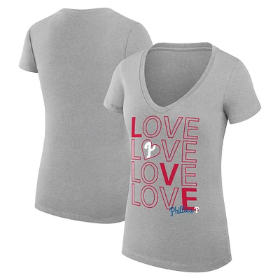 Women's G-III 4Her by Carl Banks Heather Gray Philadelphia Phillies Love Graphic Team V-Neck Fitted T-Shirt