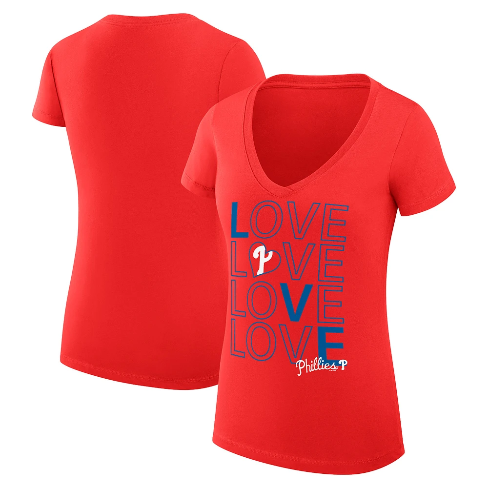 Women's G-III 4Her by Carl Banks Red Philadelphia Phillies Love Graphic Team V-Neck Fitted T-Shirt