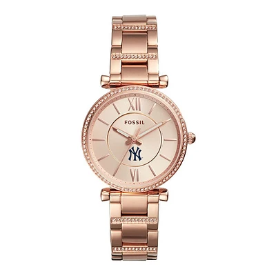 Women's Fossil Rose Gold New York Yankees Carlie Stainless Steel Watch
