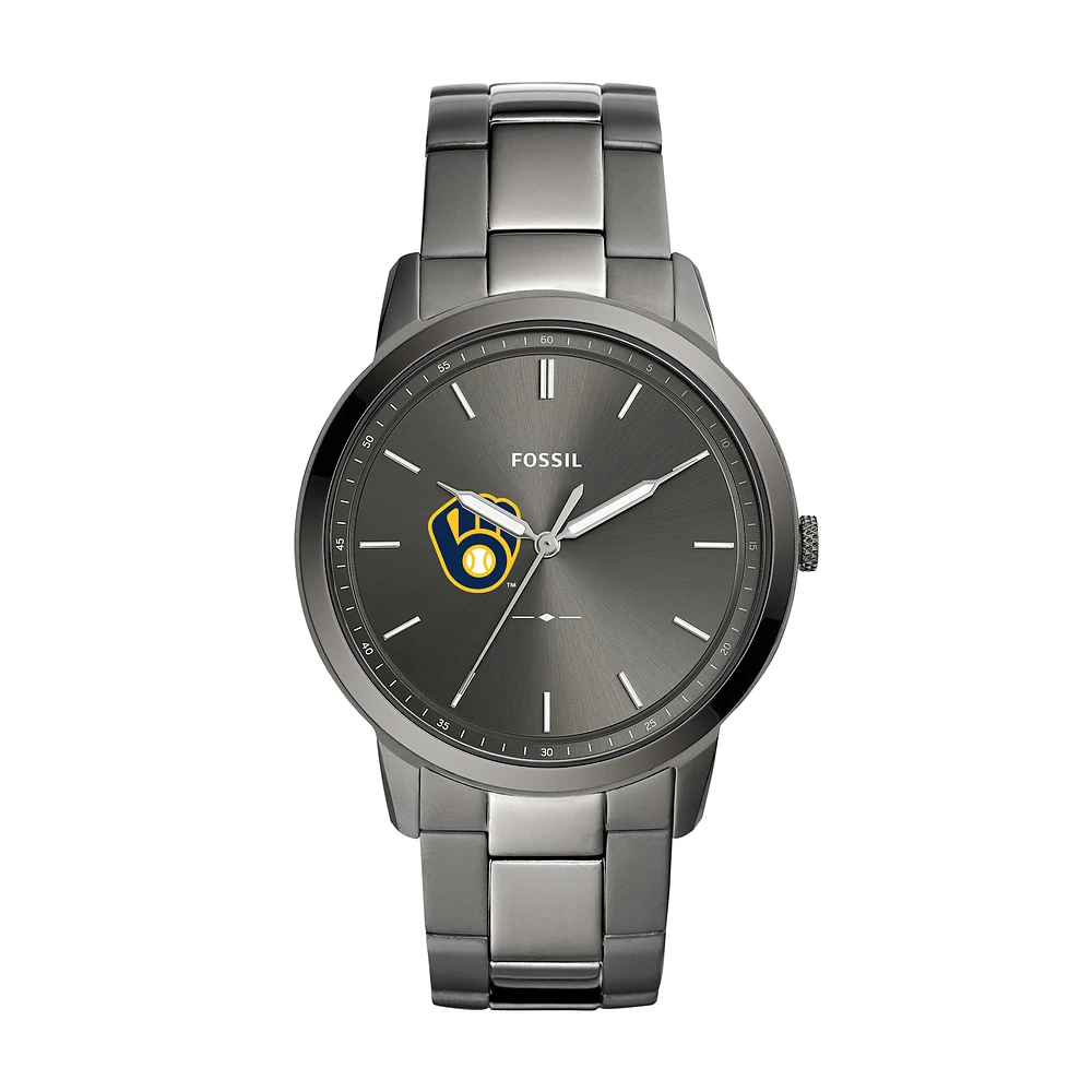Men's Fossil Gray Milwaukee Brewers Fossil Minimalist Smoke Stainless Steel Watch